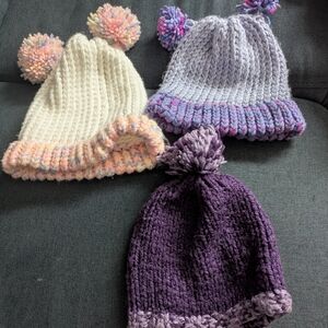Set Of 3 Wool Hand Made Tuques Girls 1-4yrs